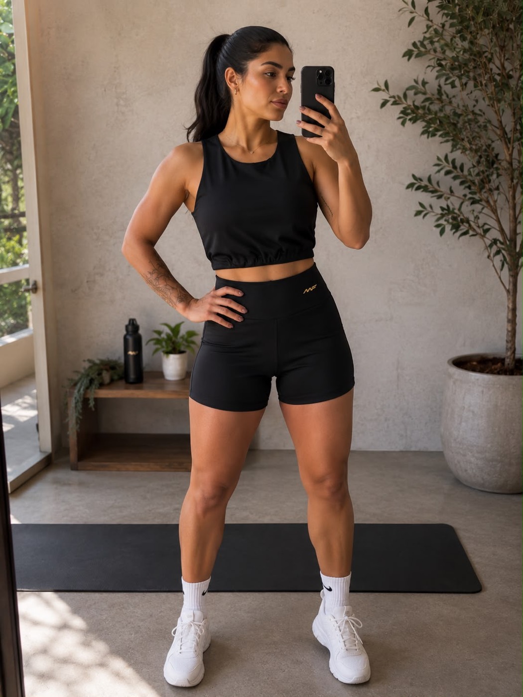 Conjunto preto MOVE.HER — top cropped e short